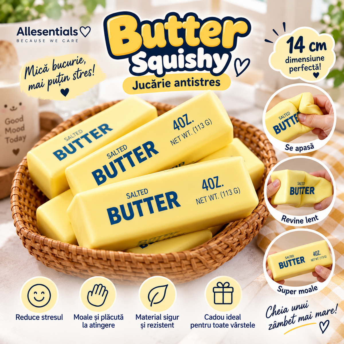 Butter Squishy 4oz 🧈 – Jucărie Antistres cu Revenire Lentă